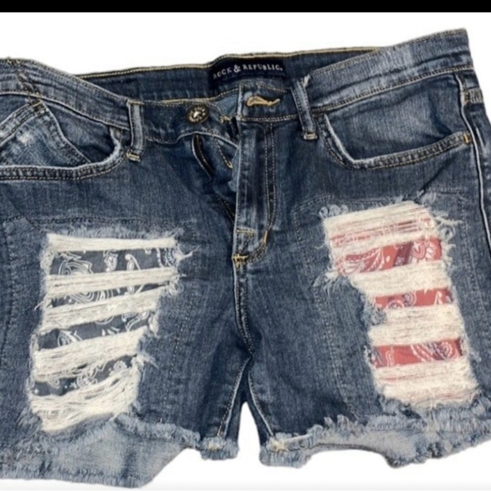 Rock & Republic handkerchief patch distressed cut off jean shorts